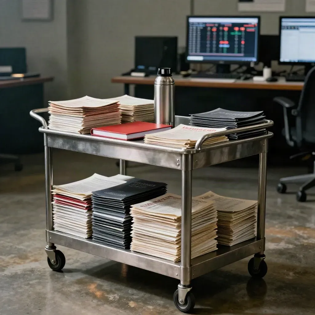 Election-night newsroom cart with red notebook, campaign packets and blurred results monitor