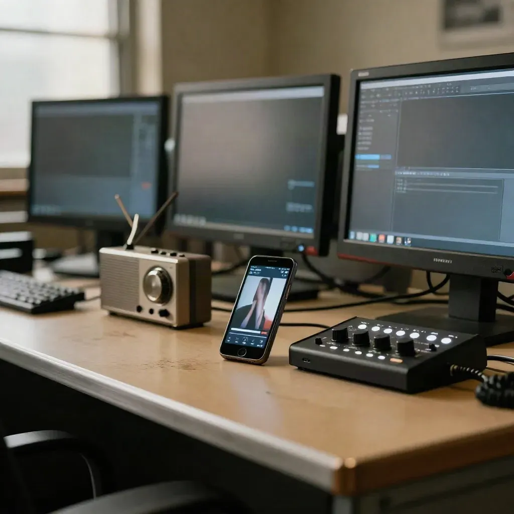 Muted monitors, radio receiver, phone clip and audio interface on a newsroom review bench.