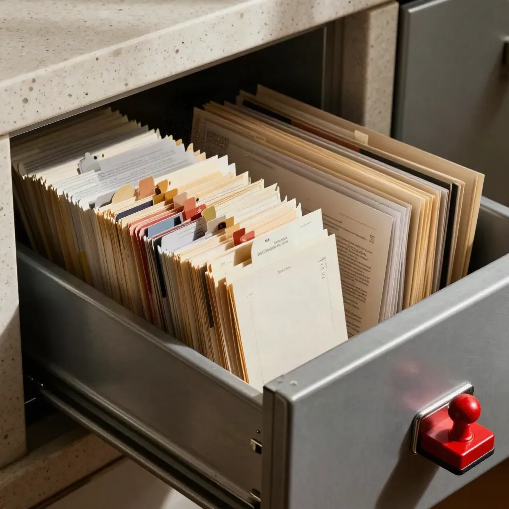 Half-open archive drawer with evidence folders, source packets and red stamp pad in dust-lit shadow.