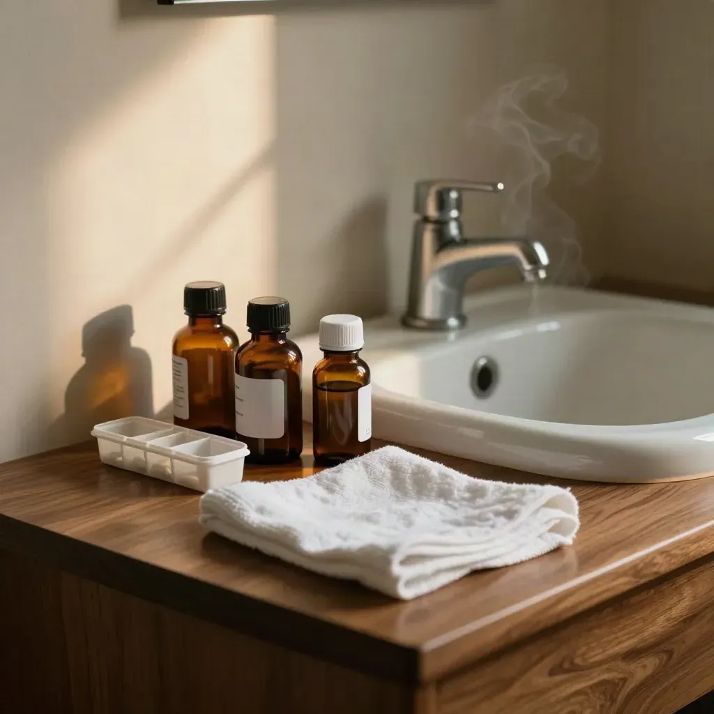 Amber bottles, pill organizer, ceramic dish and folded cloth by a sink in warm window light.
