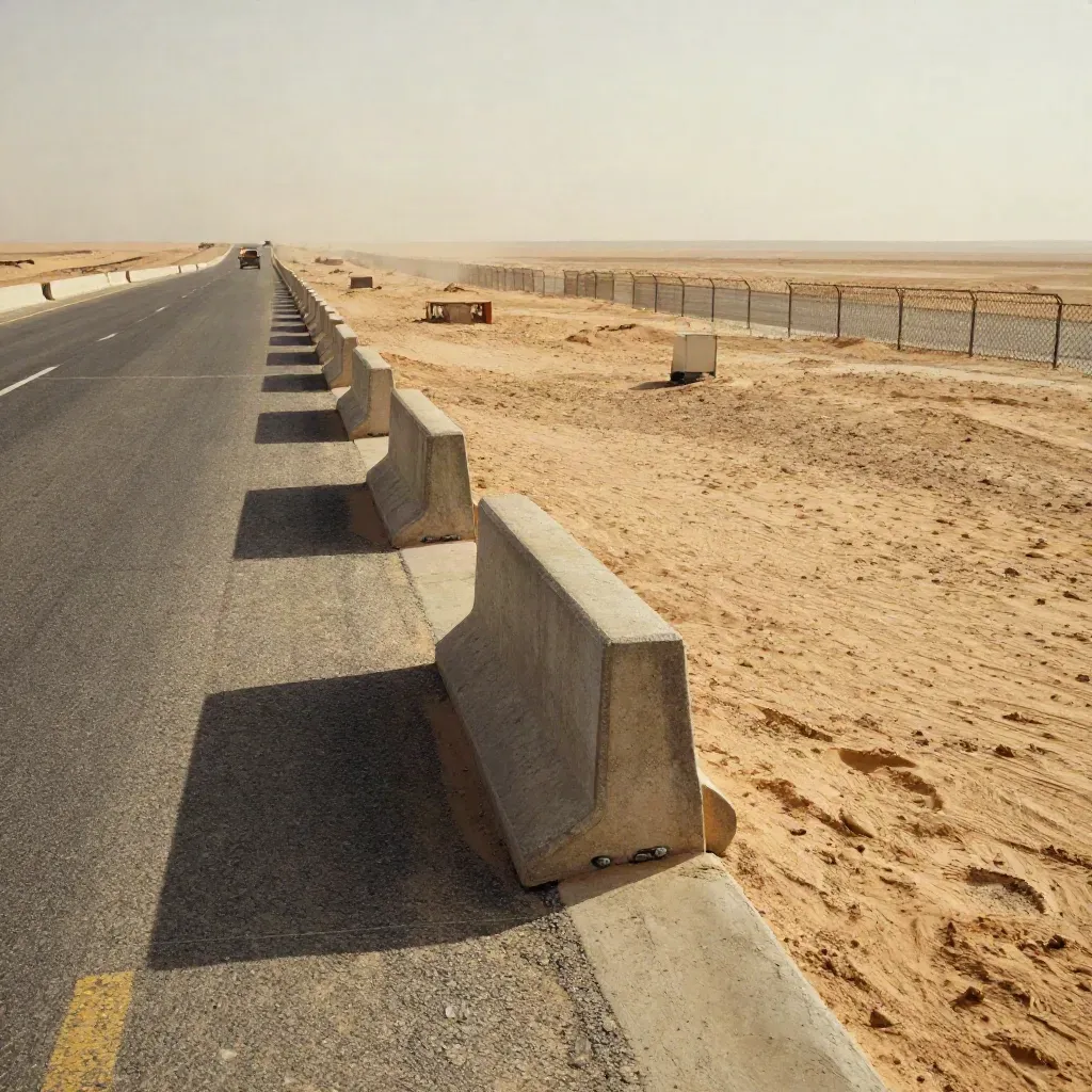 Dawn at a desert border checkpoint road with concrete barriers and a distant service light.