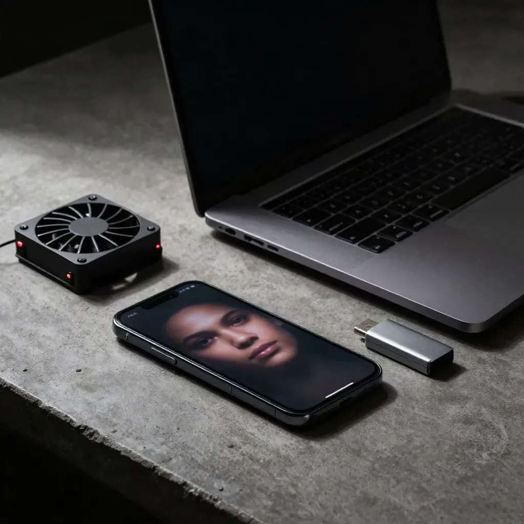 Dark laptop, phone with blurred synthetic face clip, USB drive, and cooling fan on a concrete workbench.