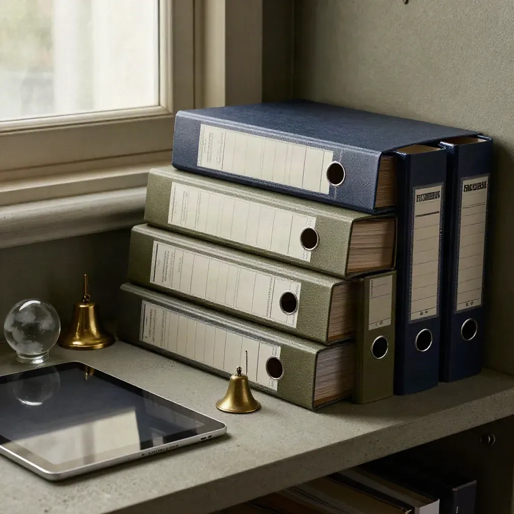 Four binders, bell, paperweight, and face-down tablet on a khaki verification shelf.