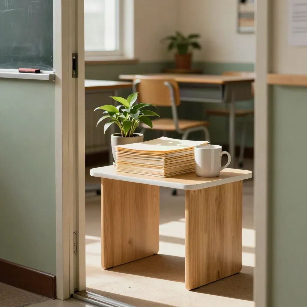Warm classroom corner with lesson folders, plant, and pale mug by a doorway