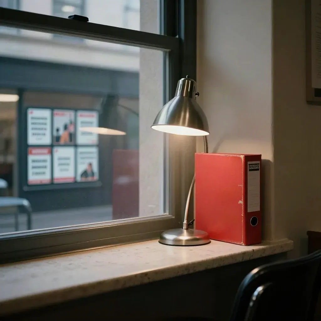Newsroom window bay with a blurred monitor, red binder, desk lamp and folded chair in haze.