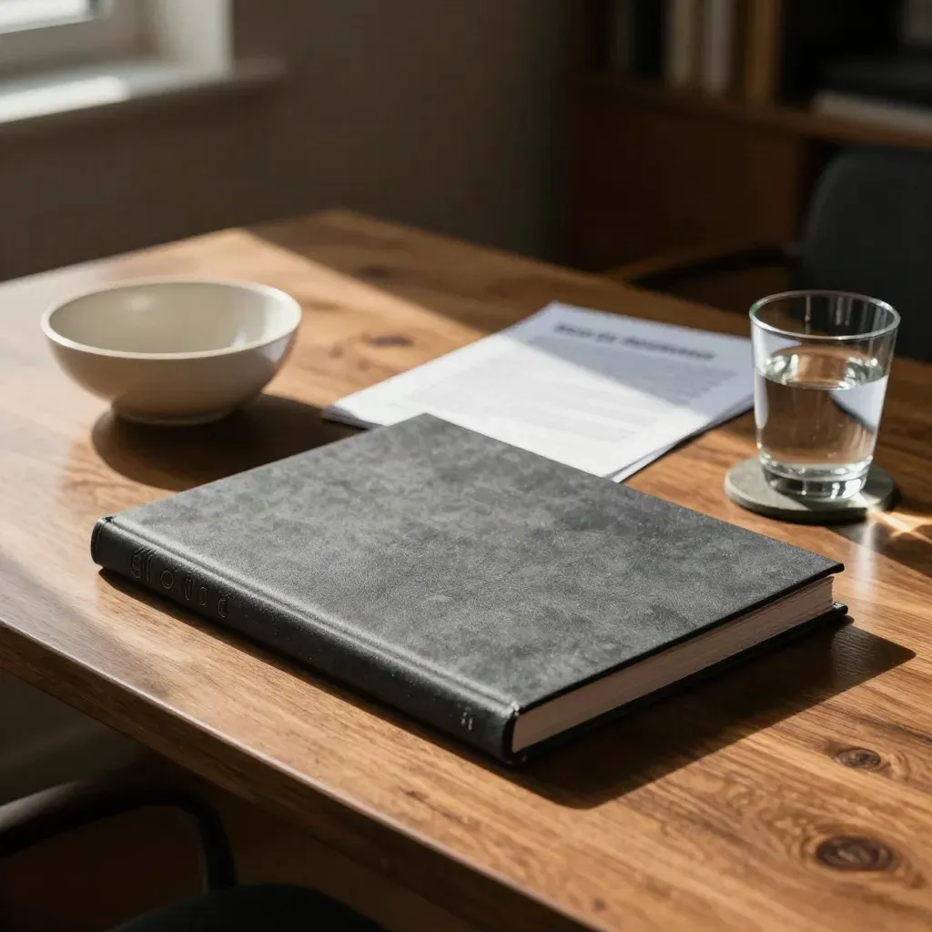 Binder, agency packet, bowl, and coaster on a sunlit policy table