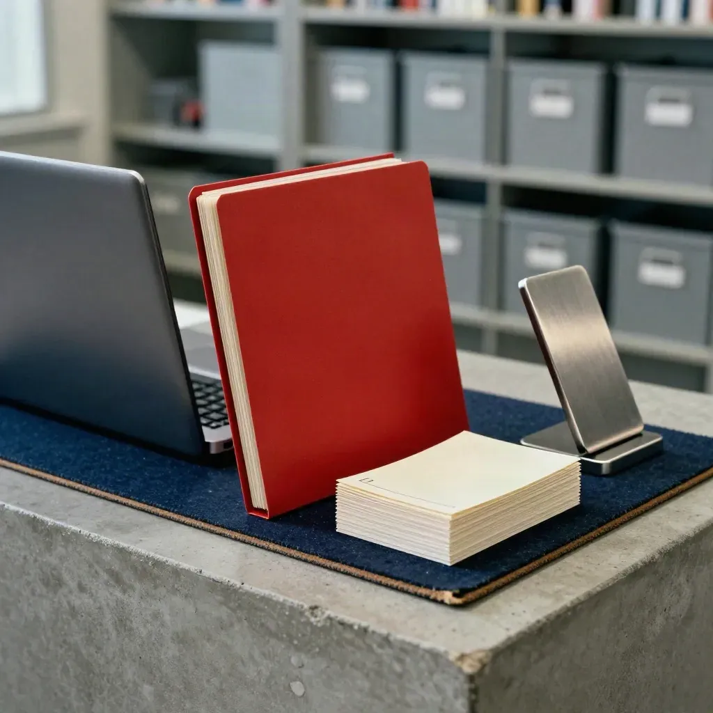 Claim-search setup with closed laptop, red folder, phone stand, and fanned index cards on concrete.