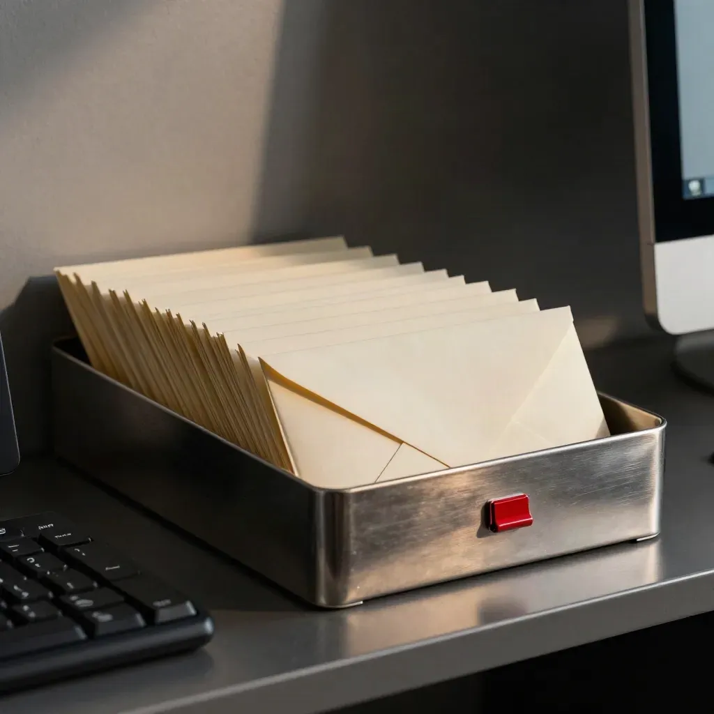 Sealed envelope stack in a mailing tray beside a keyboard edge, with one red clip.