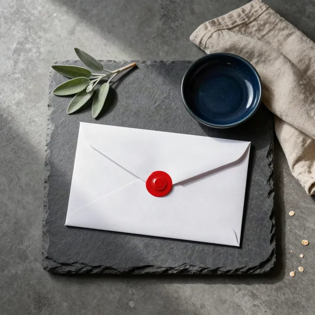Sealed ballot envelope with red seal, navy dish, linen cloth, and sprig on charcoal stone.