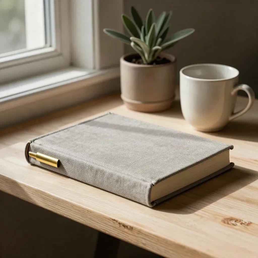 Closed media-literacy handbook with brass bookmark, plant, and cream cup on a pale wood shelf.