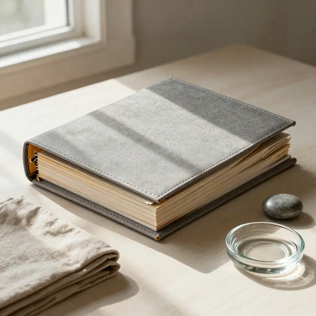 Law binder with tabs beside cloth, stone paperweight, and glass dish on pale wood