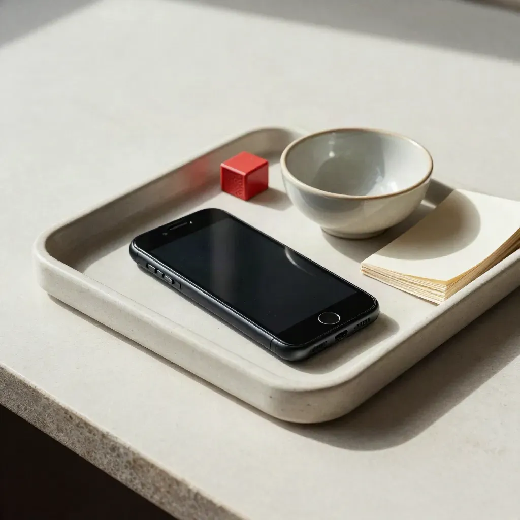Face-down phone, red stamp, ceramic bowl and note stack on a pale plaster tray.