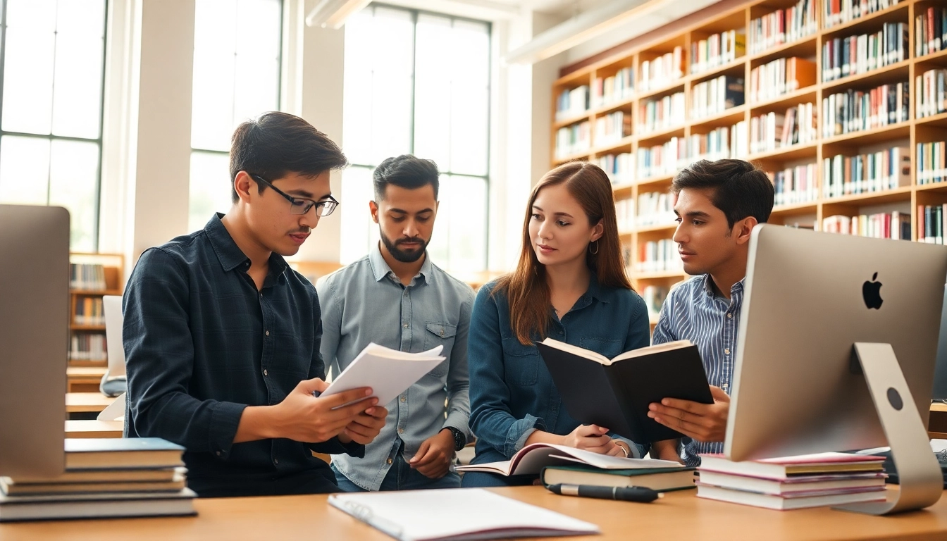 Students paying someone to take TOEFL exam collaboratively in a bright library setting.