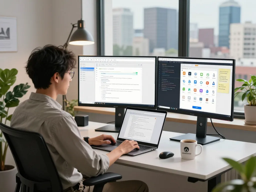 Dynamic automation workspace showcasing n8n integration workflows and productivity tools in a modern office setting