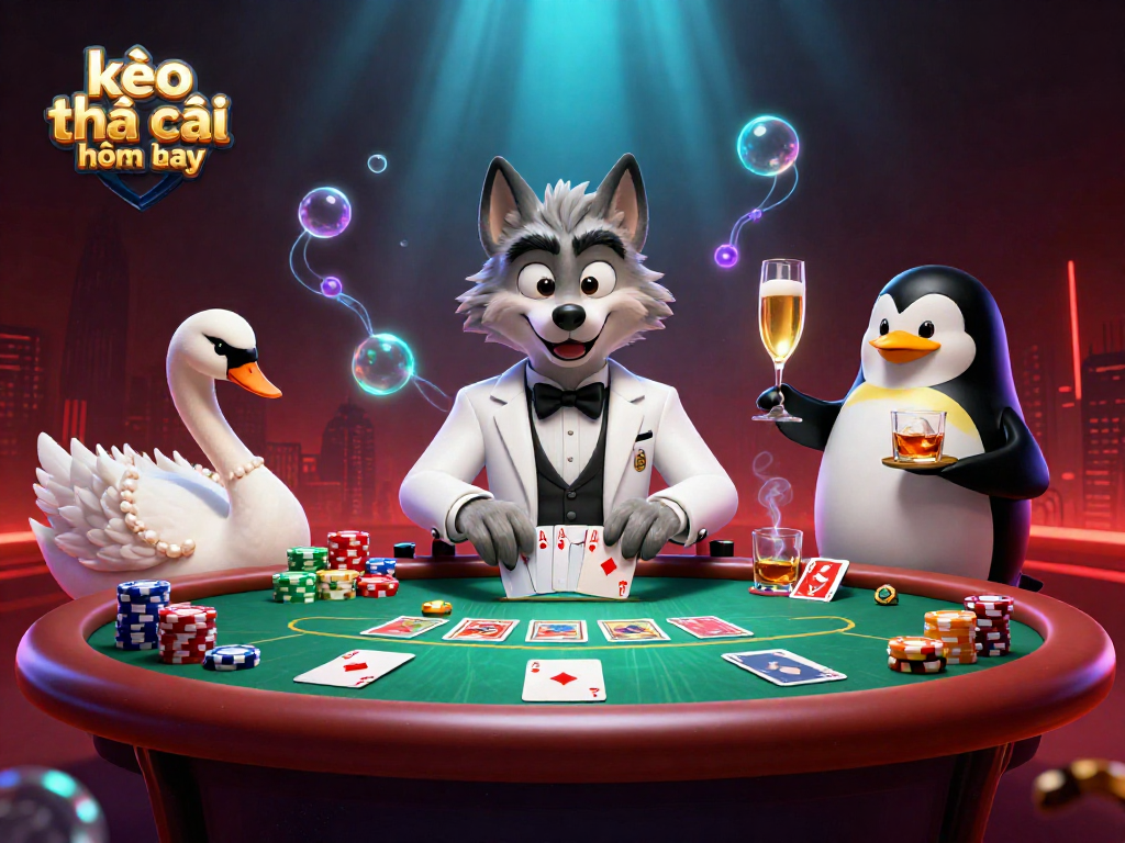 Engaging scene with kèo nhà cái hôm nay featuring a debonair wolf, elegant swan, and sophisticated penguin in a vibrant casino