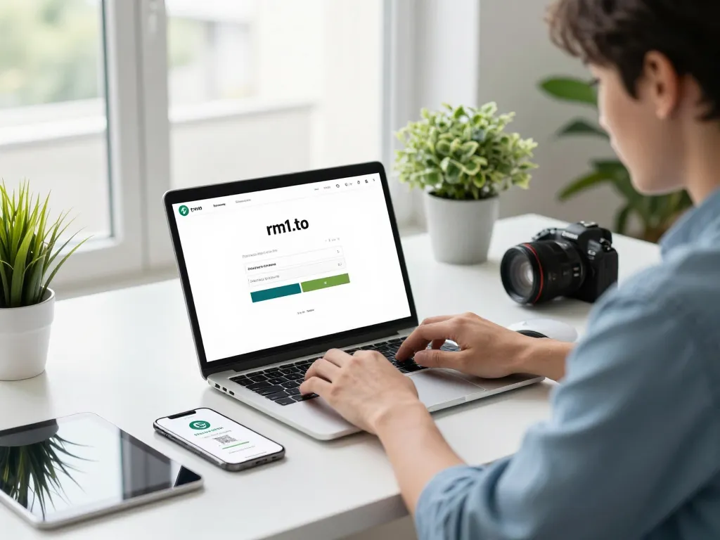 Secure rm1.to login scene with user accessing dashboard on laptop amid modern office setup.