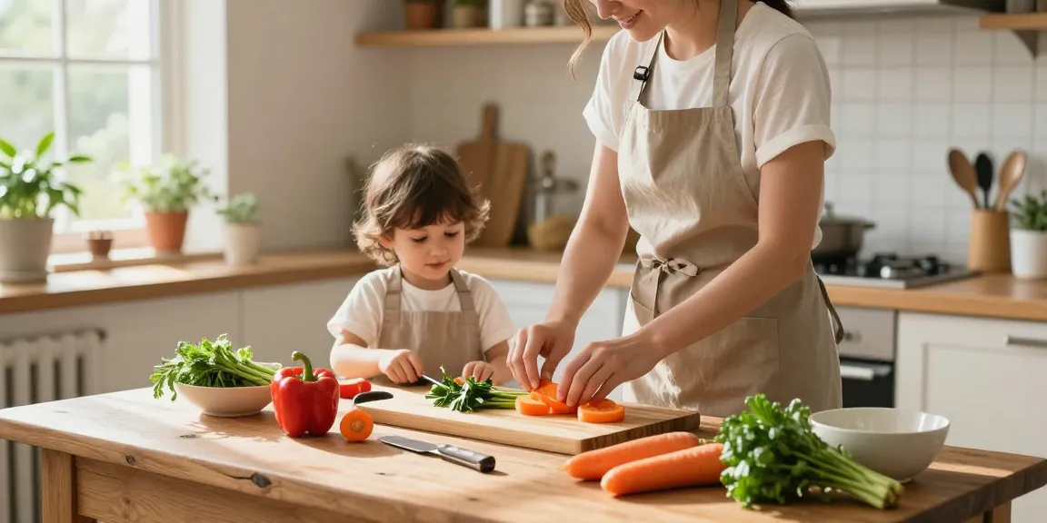 Bamboo cutting board with fresh vegetables being chopped in a warm, inviting kitchen setting.