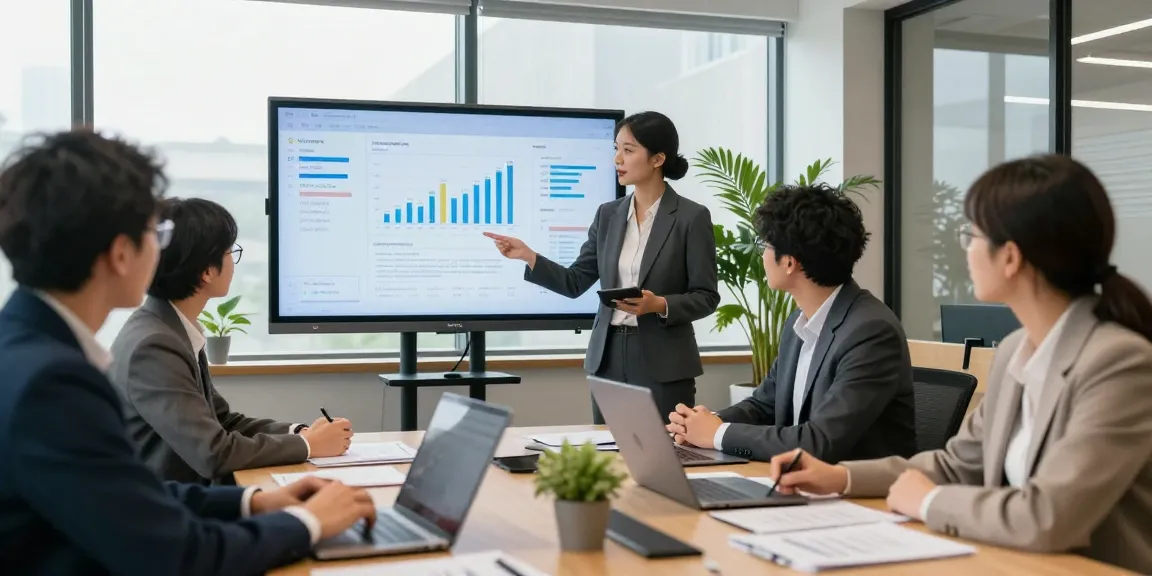 Discuție despre contabilitate firmă într-o sală de întâlnire modernă cu prezentări digitale.