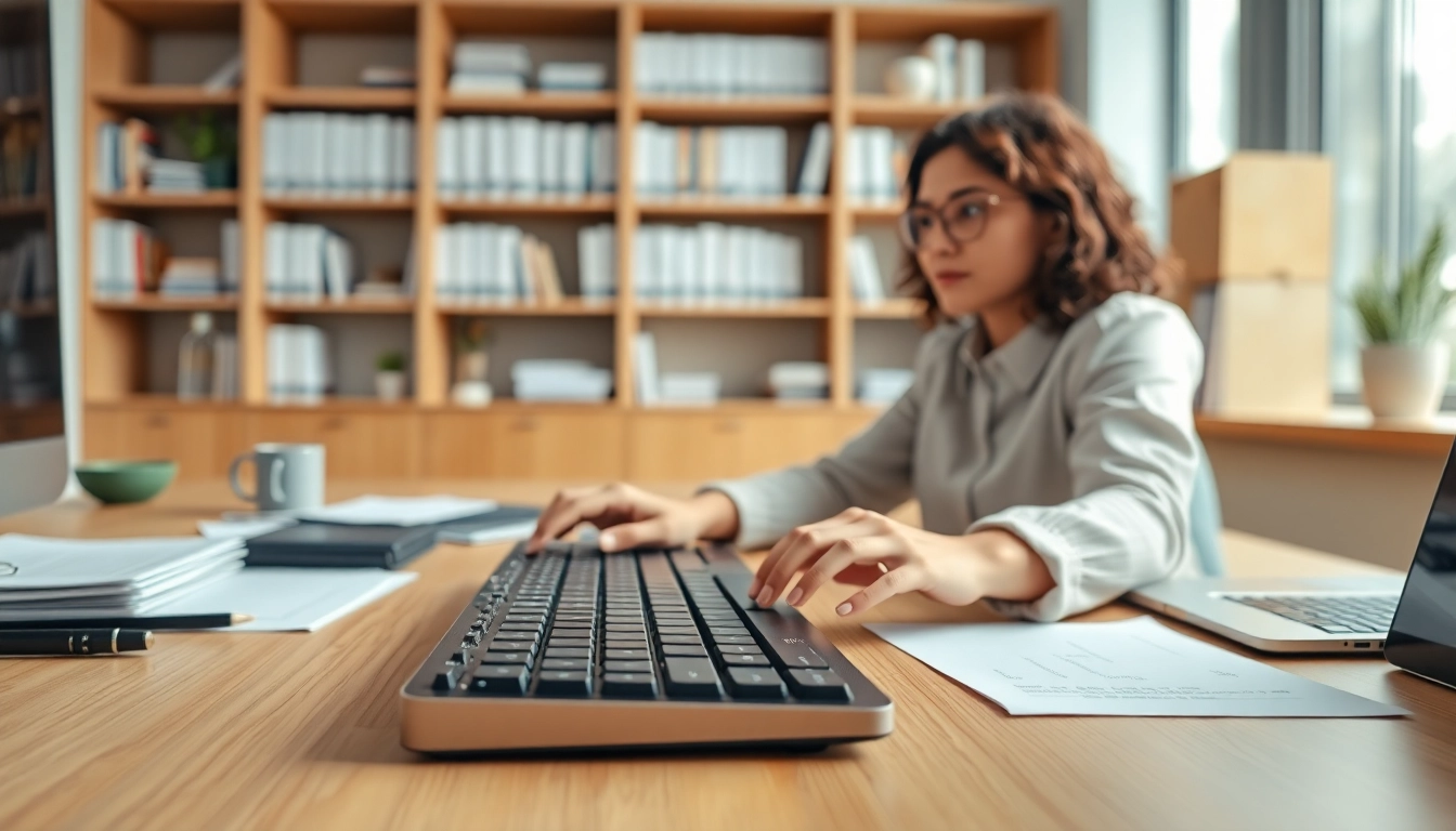Dynamic typing center workspace featuring a focused typist on a keyboard, embodying professionalism.