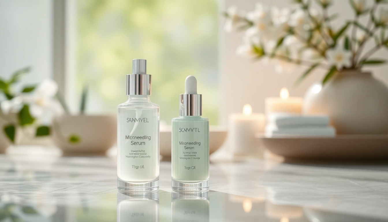 Showcase the best microneedling serum elegantly displayed in a serene spa environment.
