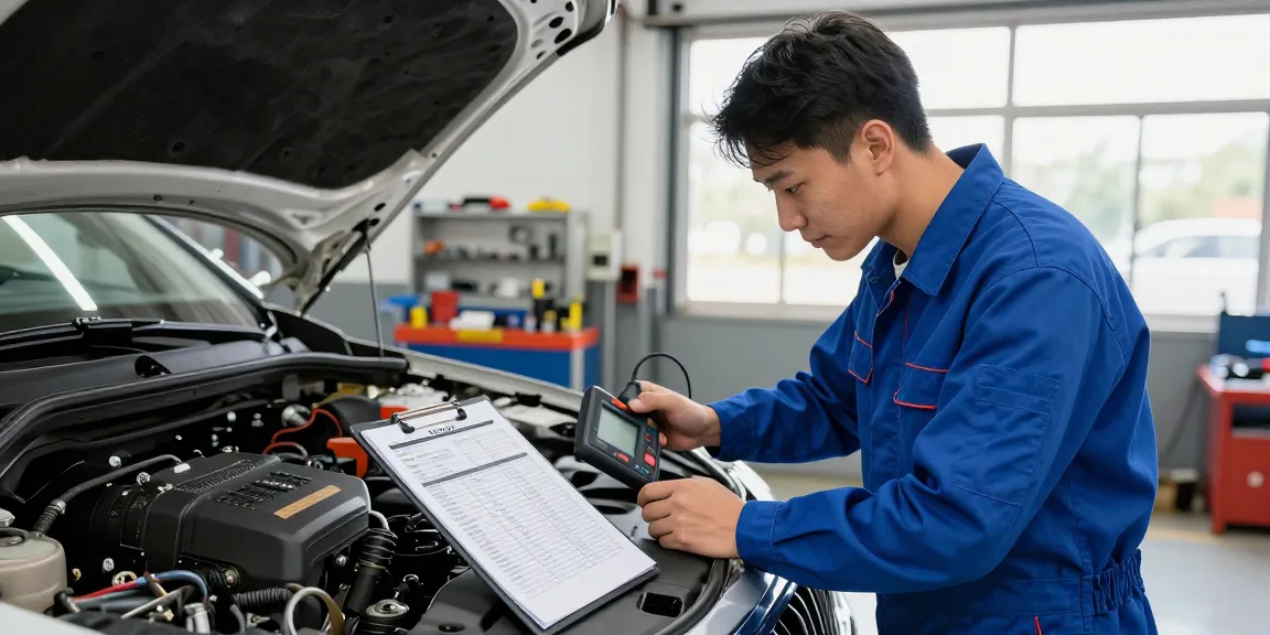 Thorough car history check UK in a garage during inspection highlighting a mechanic's detailed report