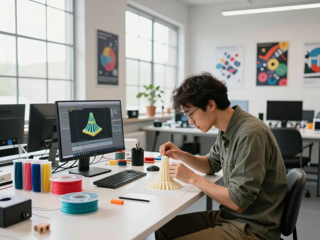 3D Printing workshop scene with designer assembling prototype and colorful filaments.