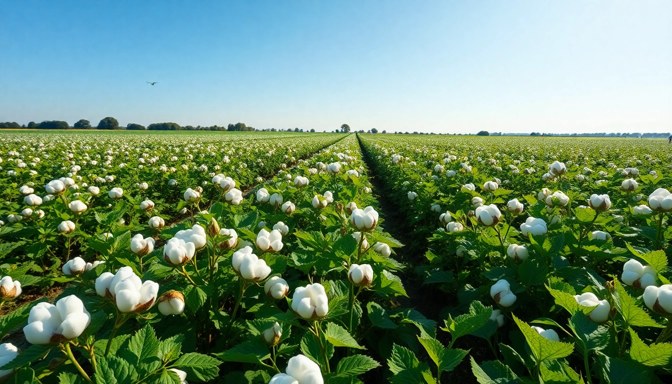 Katoenplanten in een vredig landschap met witte bollen die klaar zijn om te oogsten.