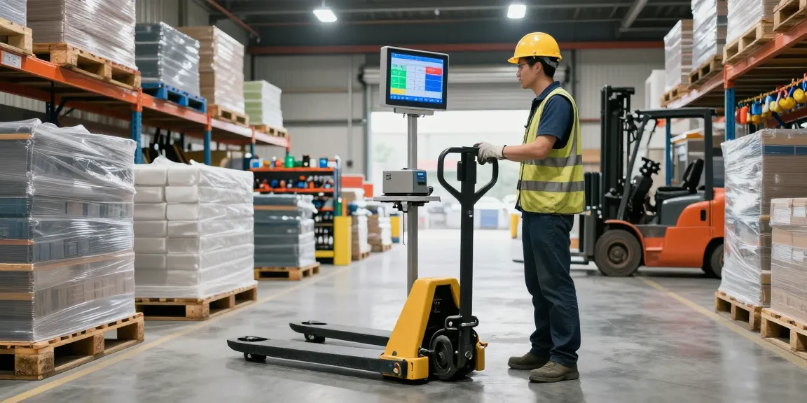 Operator using a manual pallet truck with scale and printer for sale in a busy warehouse environment for efficient inventory management.
