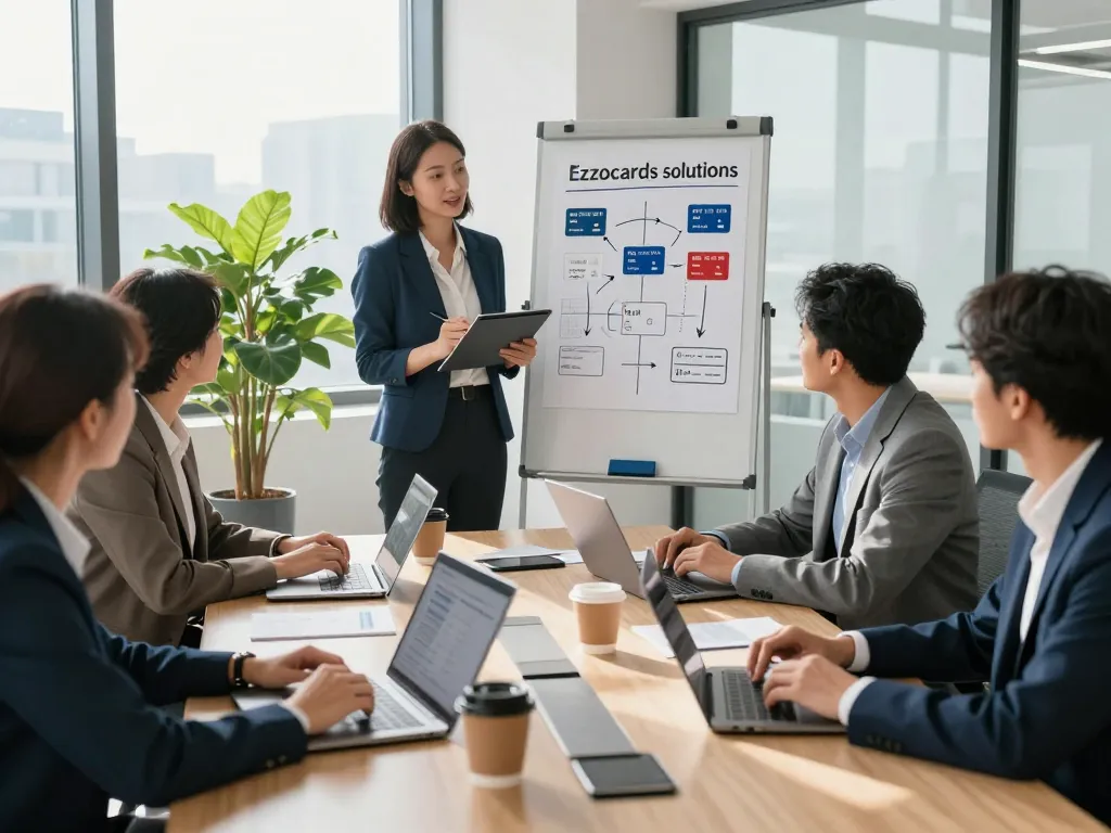 Ezzocards innovative solutions discussion in a modern business meeting.