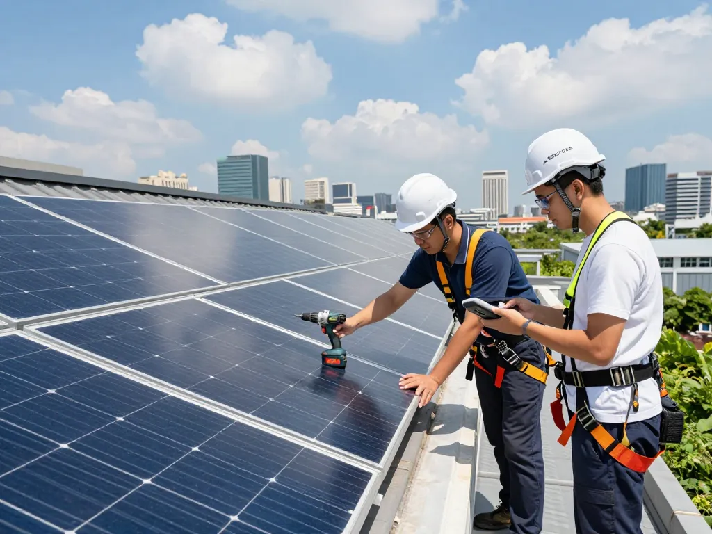Technician installing modules pour centrales solaires on commercial rooftop, showcasing solar energy innovation.