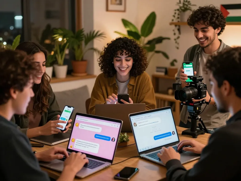 Engaging scene of شات فلسطين, showcasing diverse young adults connecting through online chat in a vibrant digital atmosphere.