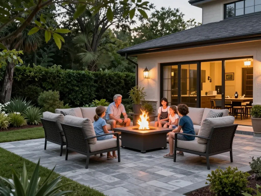 Pavers near me beautifully enhance this cozy outdoor living space, with a stylish patio, fire pit, and family enjoying the evening.