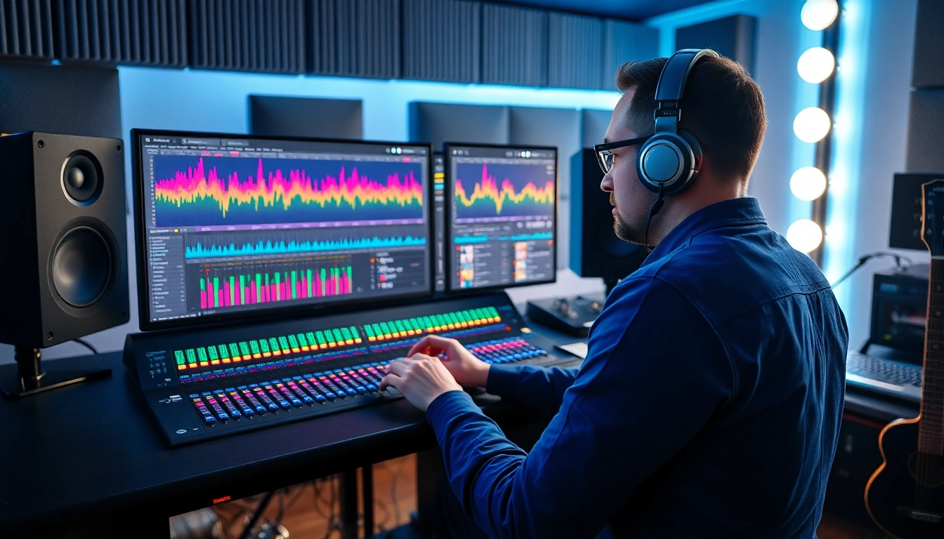 Engaging in online mastering with a professional audio engineer in a vibrant studio.
