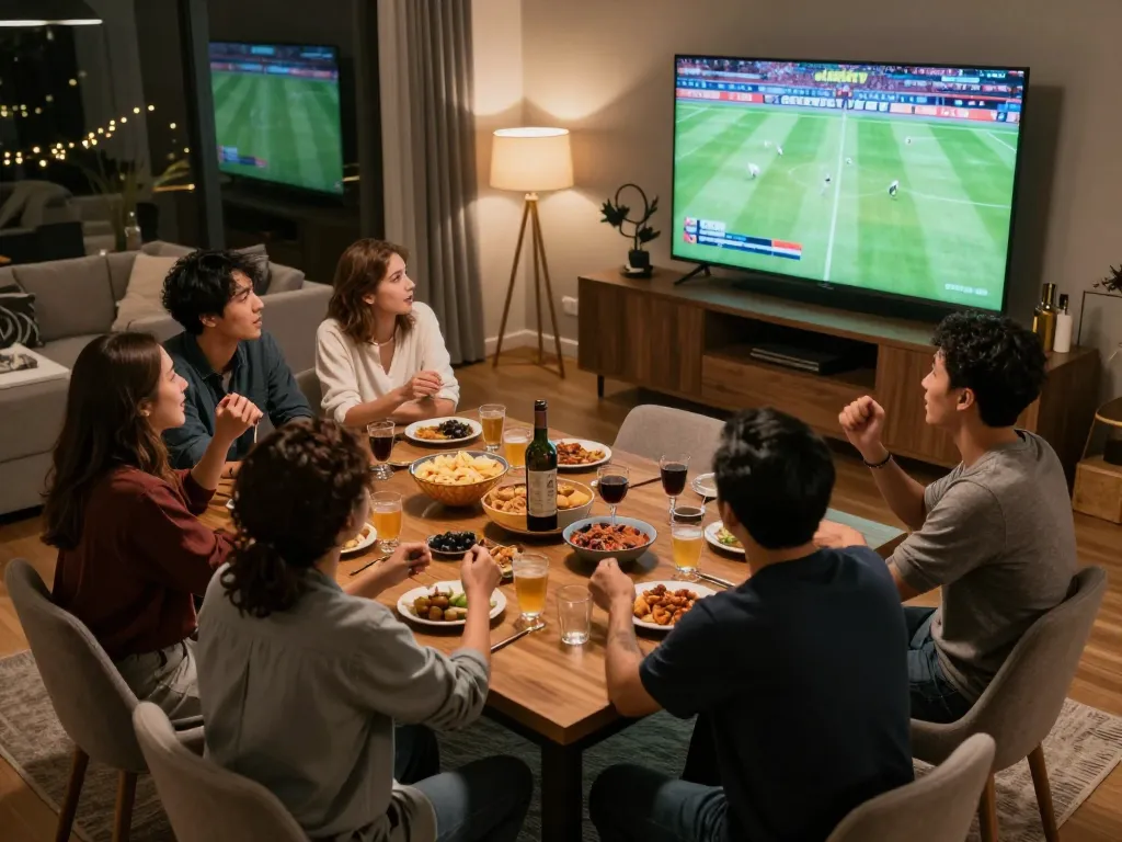 Friends intensely watch a live match from CAKHIATV, enhancing their viewing experience at a cozy home party.