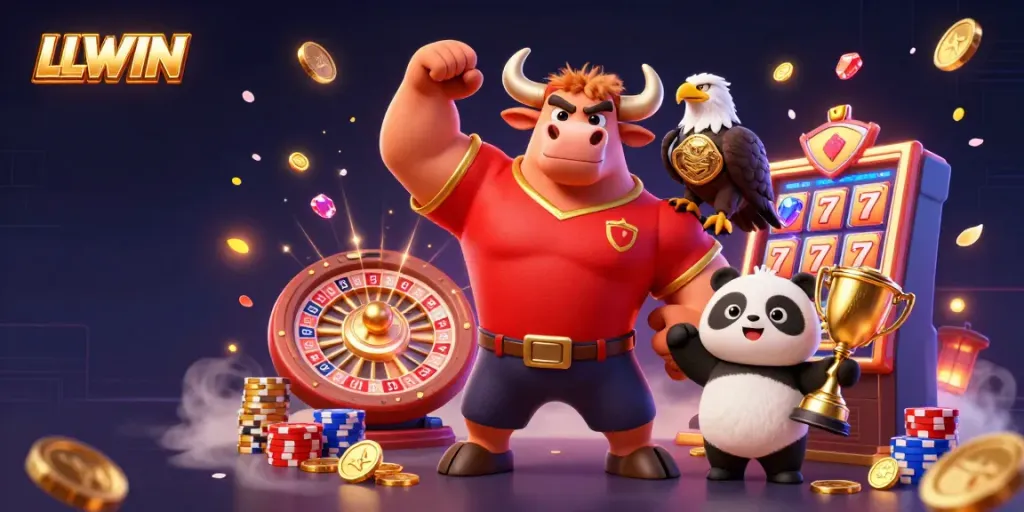 LLWIN showcases winning moments in a vibrant 3D casino scene with colorful characters and game elements.