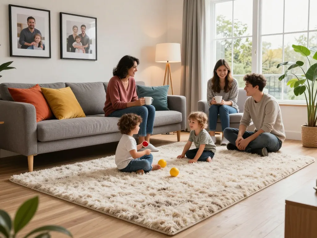 Cozy family living room with affordable carpets London, children playing on a plush carpet, soft lighting creating warmth.