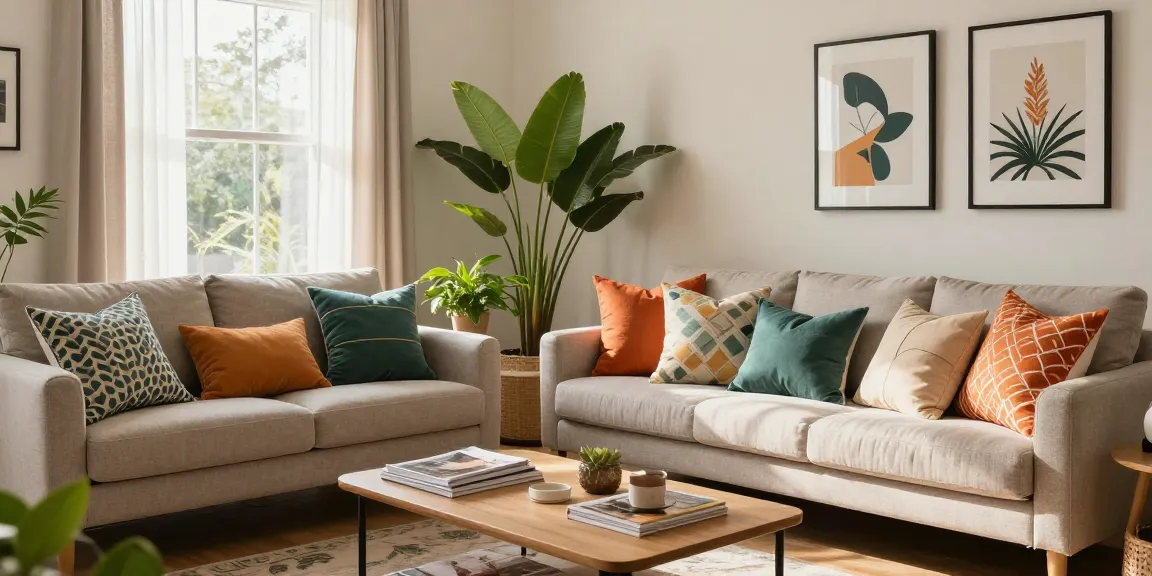 Stylish living room decor emphasizes modern style with vibrant pillows and artwork.