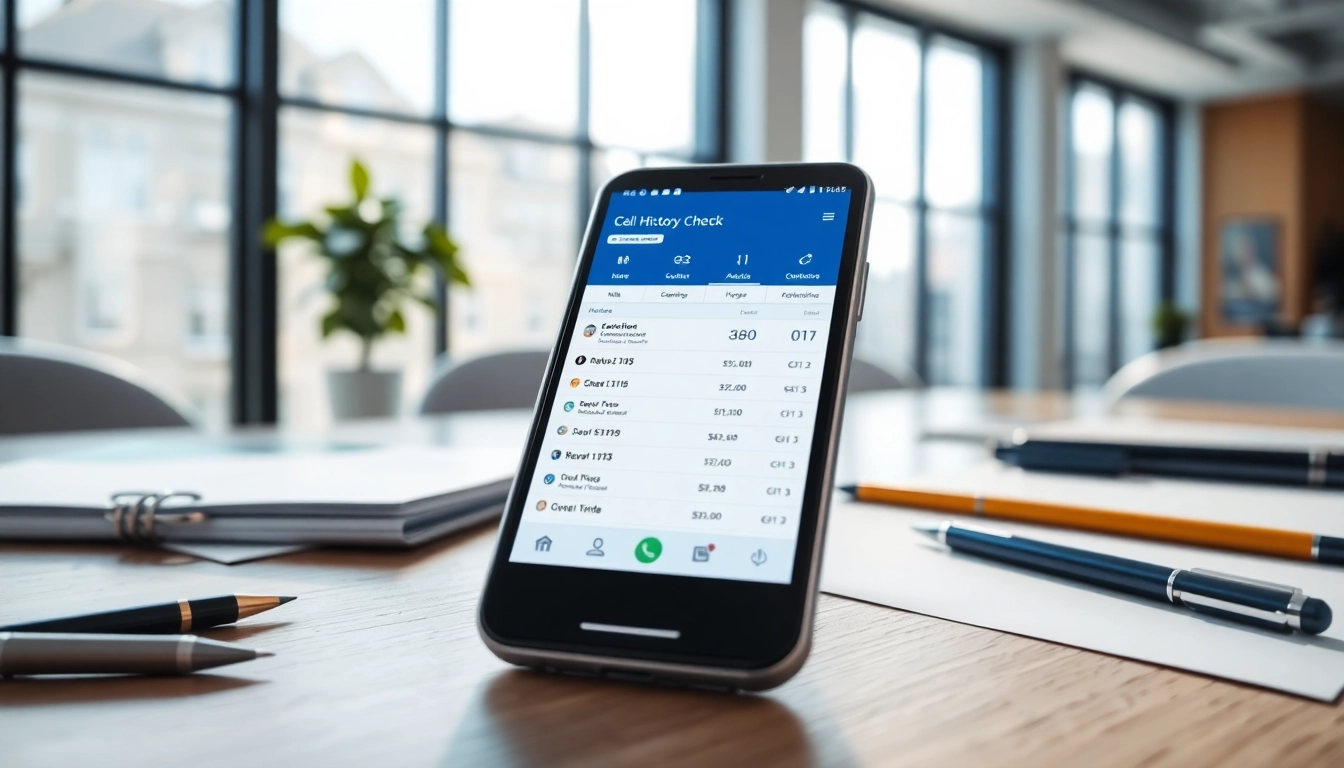 Visual representation of a call history checker app showing call analytics on a smartphone in a professional setting.