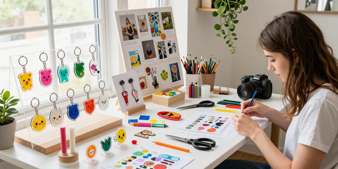 Colorful display of custom acrylic keychains being crafted in a bright workspace