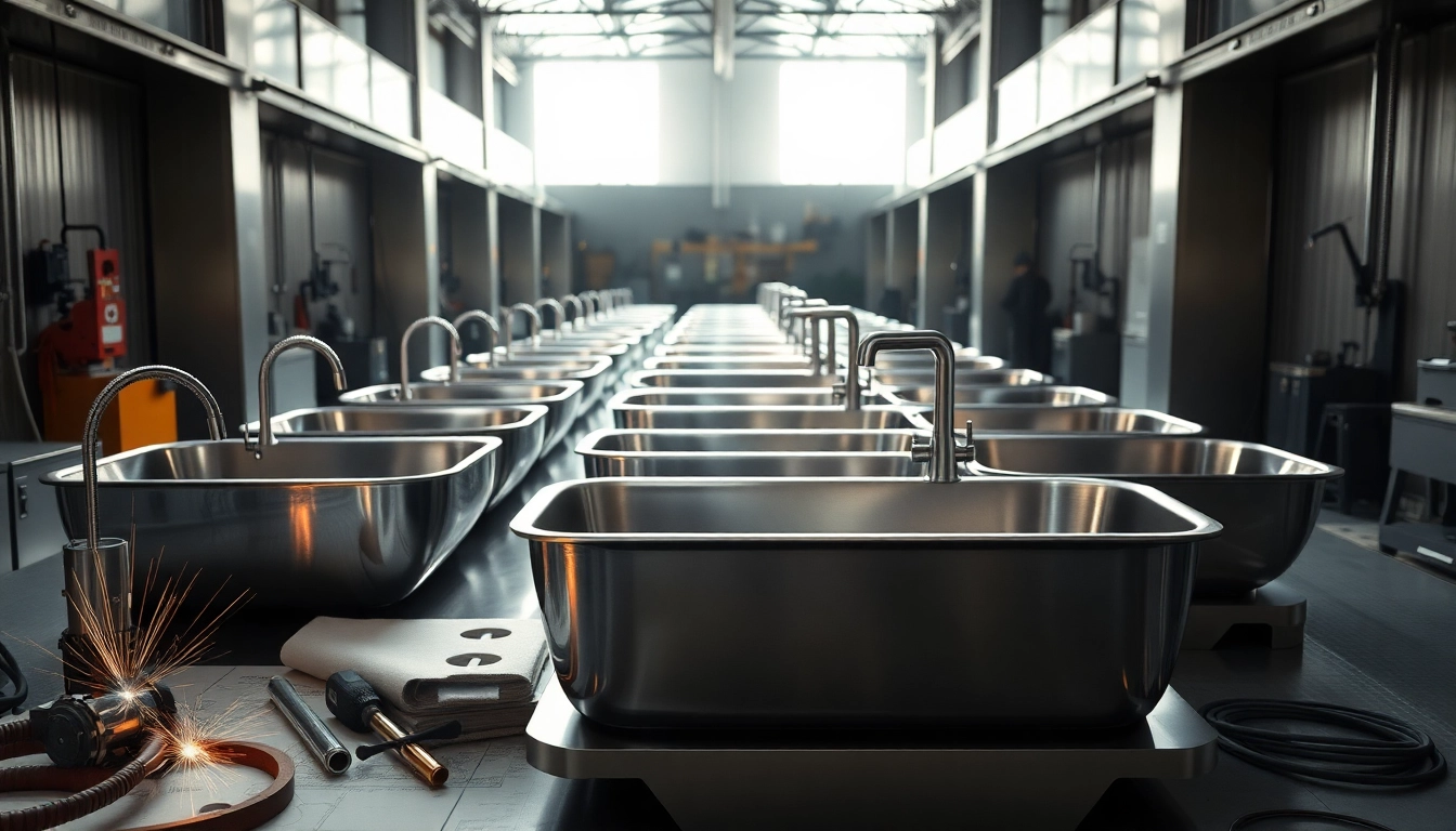 Showcasing the stainless steel basin factory with crafted basins and industrial tools.