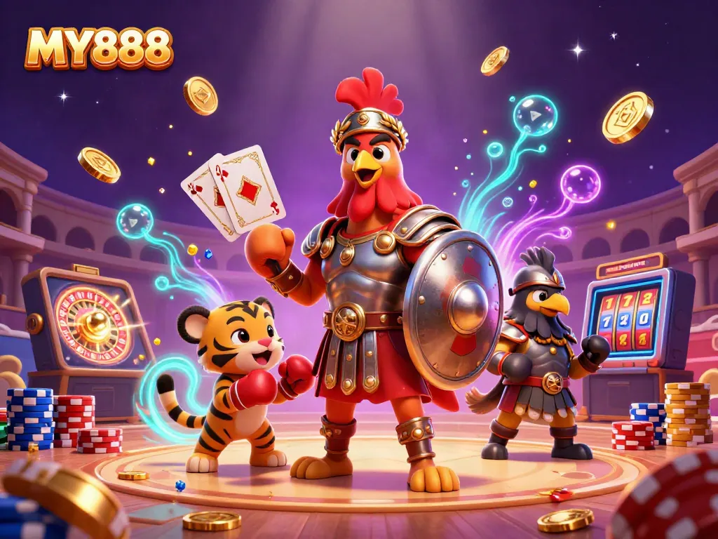 Engaging MY888 illustration showcasing a thrilling betting scene with dynamic game elements and characters.