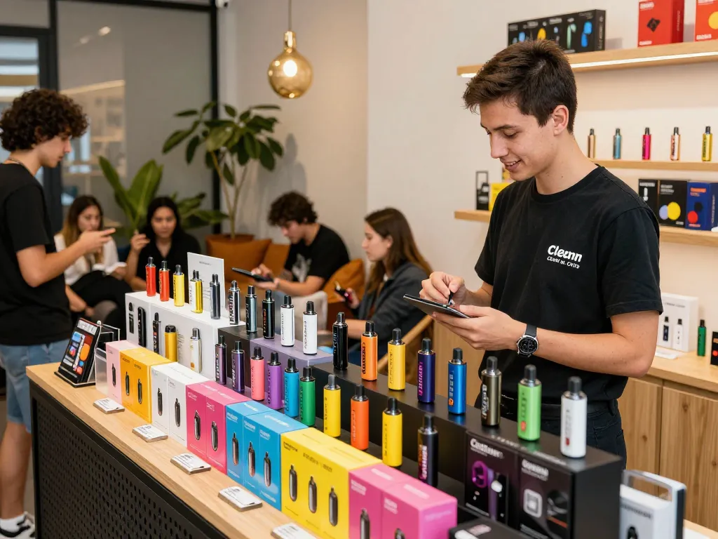 Clean Carts disposable vape products displayed in a lively shop, showcasing variety and quality.