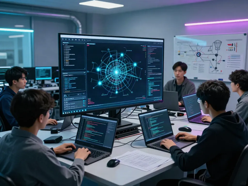 Penetration test in a cybersecurity lab with professionals analyzing vulnerabilities and exploiting security weaknesses.