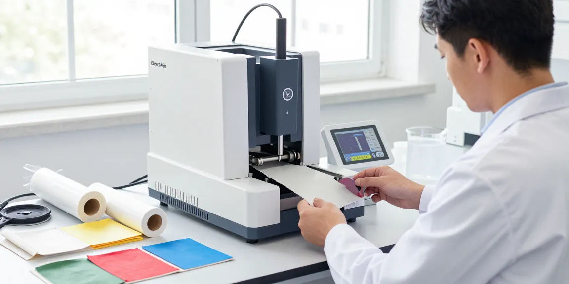 Technician operating the ElmenGuide tear tester to measure tearing strength of fabric, showcasing advanced textile testing technology.