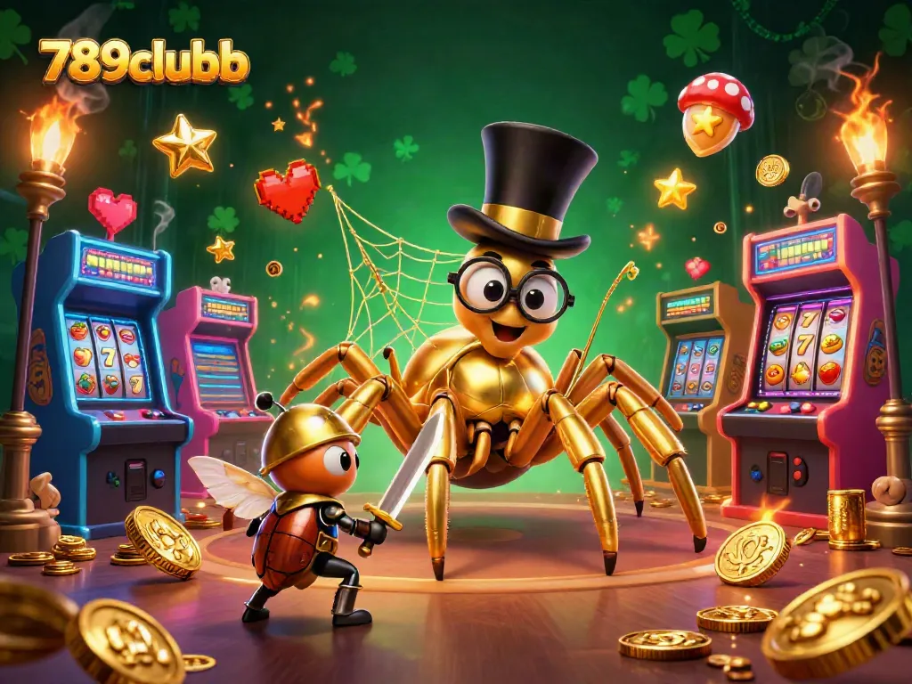 Engage with 789clubb's dynamic casino world featuring a golden tarantula and brave beetle knight.