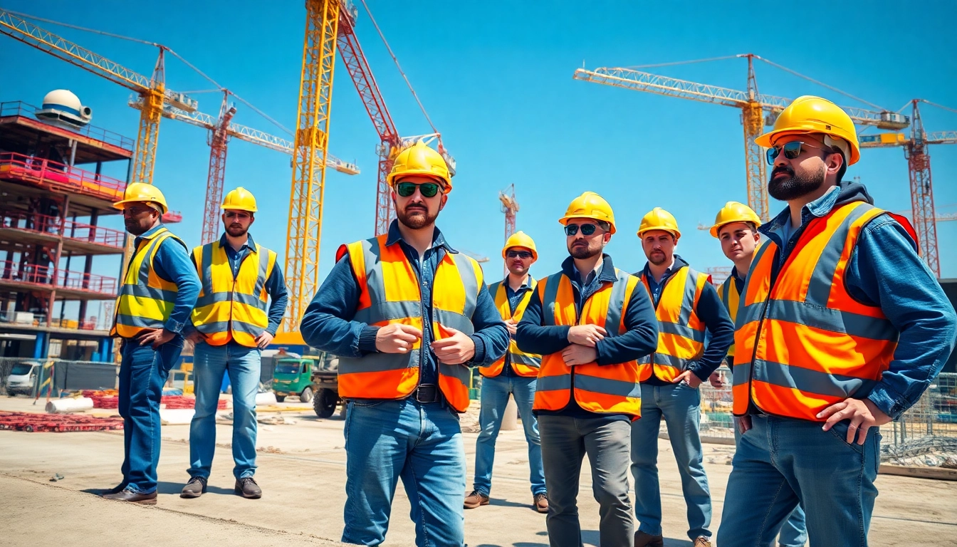 Workers demonstrating construction site safety practices while wearing gear on a busy site.
