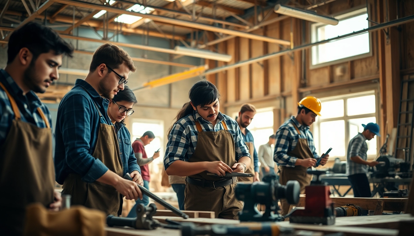 Engaged individuals in a construction apprenticeship workshop, showcasing hands-on skill development.