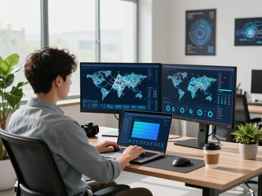 快连 network optimization with a user analyzing global speed metrics in a modern tech workspace.