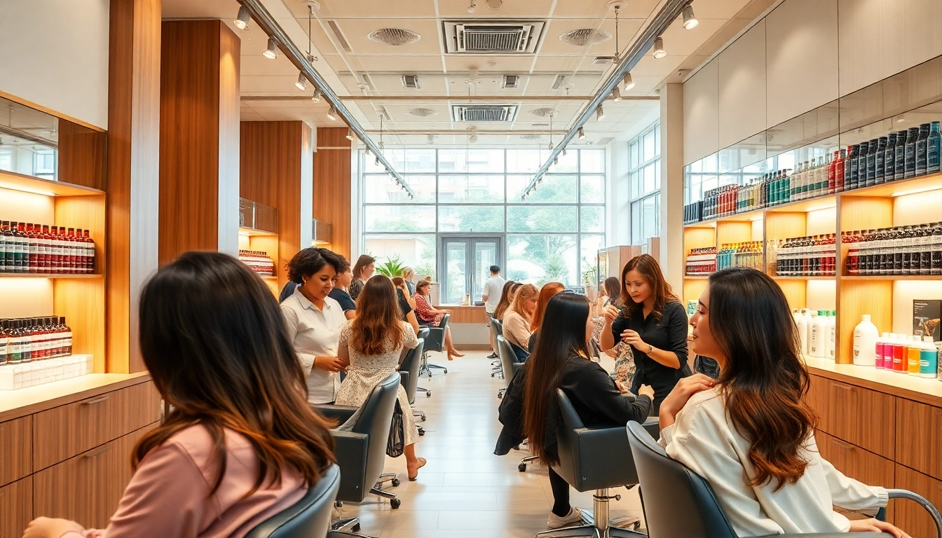 Salon de cabelo showcasing stylists and clients in a vibrant, inviting atmosphere.