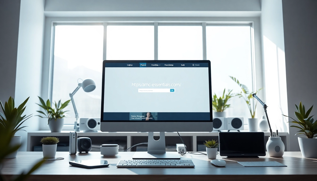 Showcasing a modern workspace with a sleek computer displaying https://amc-essentials.com/ and bright natural light.